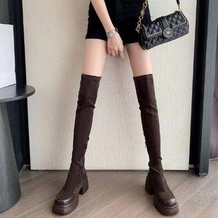 增高8cm 小粗腿巨显瘦高跟绒面过膝靴女厚底粗跟皮面拼接高筒靴