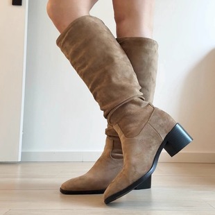 5cm任选长筒靴 小粗腿巨显瘦尖头气质皱皱靴8cm 拖沓刘天王