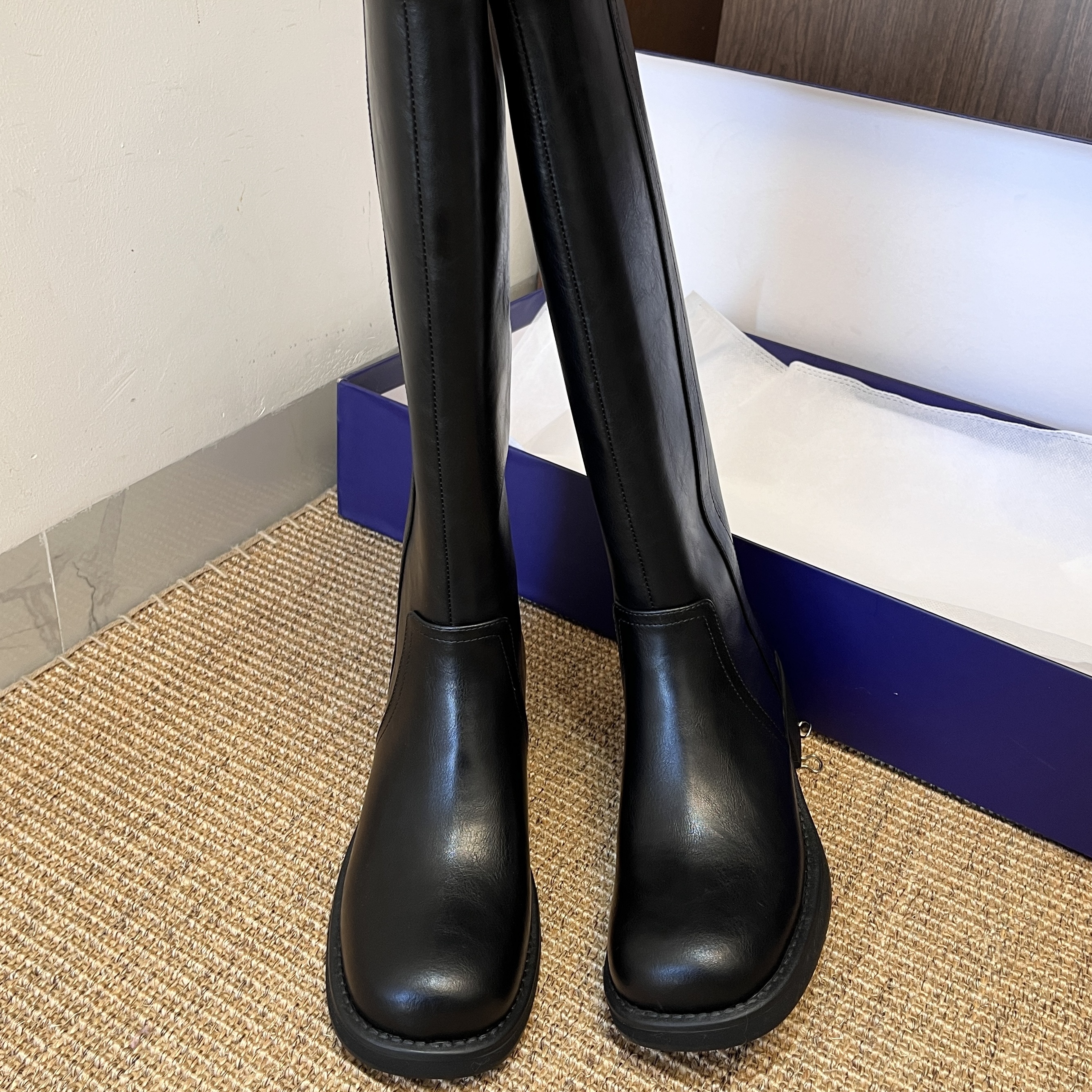 34-40全牛皮丨大筒围长靴女显瘦平口骑士靴粗跟高筒靴5CM跟高