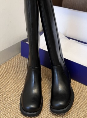 34-40全牛皮丨大筒围长靴女显瘦平口骑士靴粗跟高筒靴5CM跟高