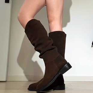 拖沓刘天王/小粗腿巨显瘦美拉德复古皱皱靴圆头低跟长筒靴/34-39