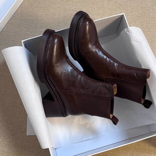 拖沓刘天王/头层胎牛皮一脚蹬切尔西靴复古粗跟增高6cm短靴/34-40