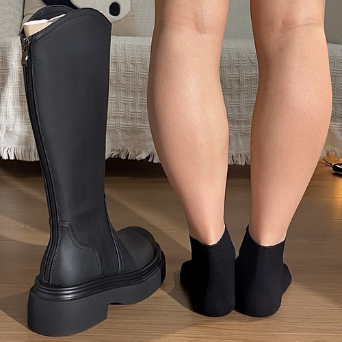 拖沓刘天王/小粗腿巨显瘦厚底雾面牛皮V口高筒靴加宽筒围/跟高6cm