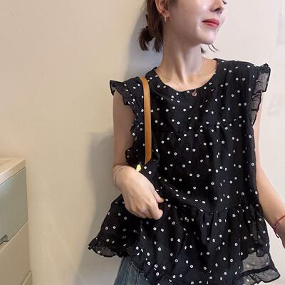 韩系小碎花木耳花边无袖衬衫女25夏季新款女时尚显瘦百搭减龄上衣