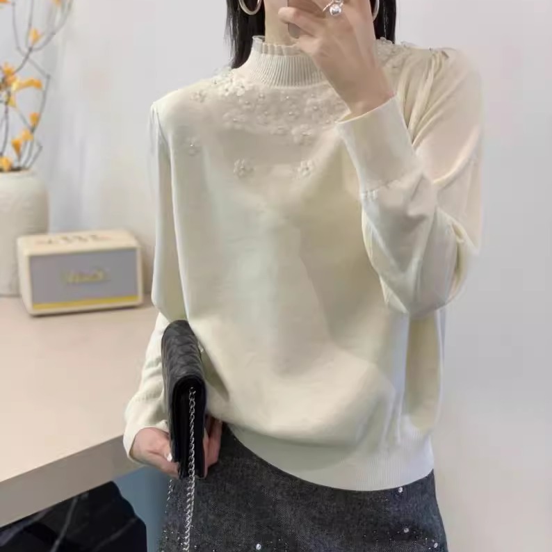 BADX正品时尚木耳边半高领钉珠花朵打底针织衫女冬季洋气百搭上衣
