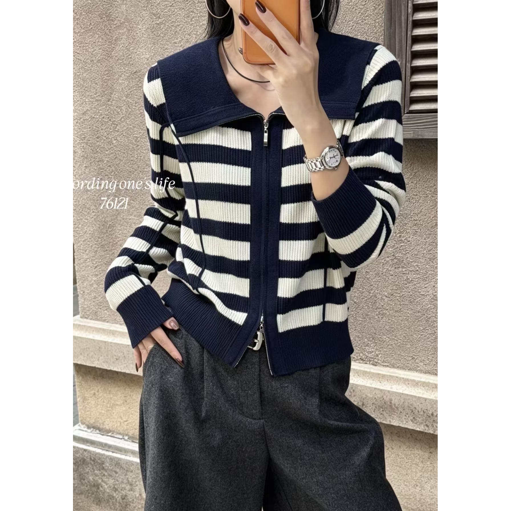 BADX正品两根筋大翻领拉链针织开衫女26秋季时尚减龄宽松毛衣外套