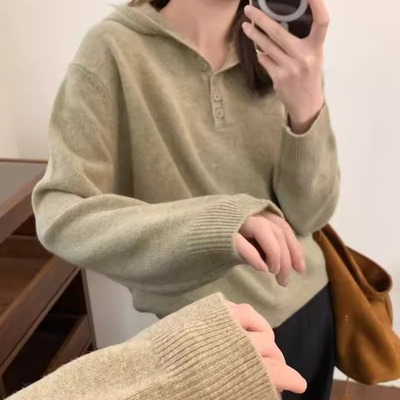 BADX正品纯色连帽羊毛针织衫女秋冬新款宽松显瘦百搭毛衣打底上衣