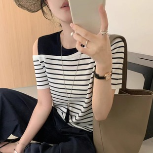 欧货设计感撞色假两件露肩针织衫 洋气百搭显瘦上衣 短女25夏季 时尚