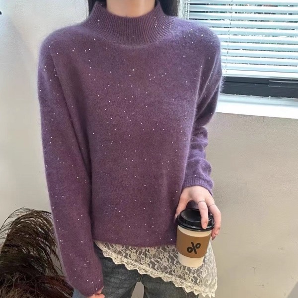 BADX正品韩系高级感软糯羊毛拉绒毛衣女冬季宽松半高领亮片针织衫