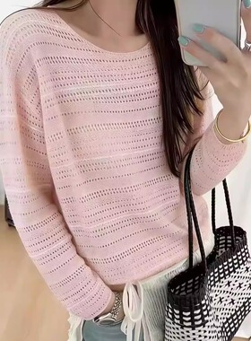 BADX正品条纹镂空亮片长袖针织衫女2026春季女装宽松显瘦薄款上衣