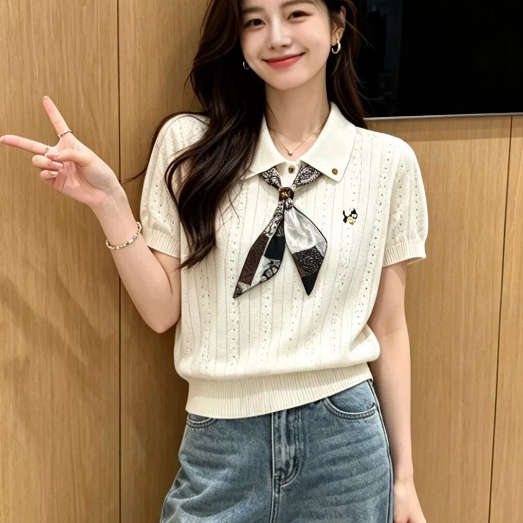BADX正品韩系polo领麻花围巾针织短袖t恤女26秋季新洋气减龄上衣