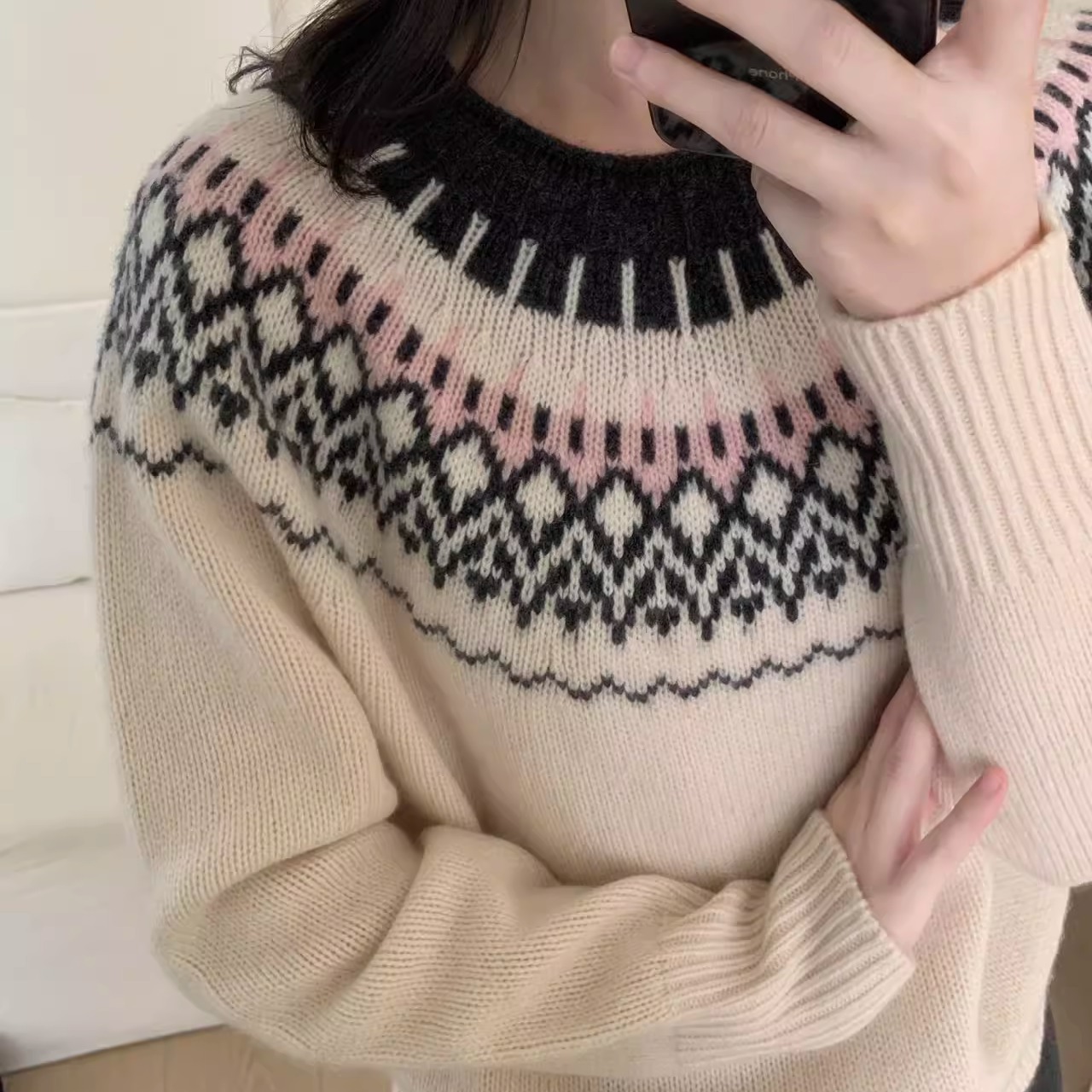 BADX正品圆领费尔岛羊毛毛衣女2025冬季宽松套头针织衫打底上衣潮