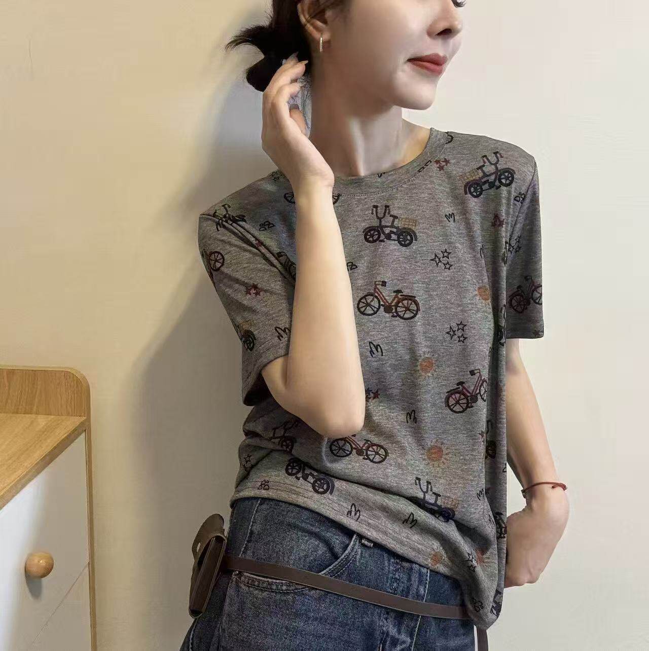 灰色印花自行车圆领短袖t恤女2026夏季韩版宽松显瘦百搭洋气上衣