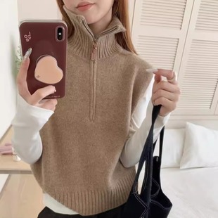 叠穿毛衣背心 洋气百搭无袖 BADX正品 羊毛半拉链高领针织马甲女冬季