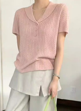 BADX正品复古小翻领三粒扣针织衫女2026春季新款纯色显瘦短袖上衣