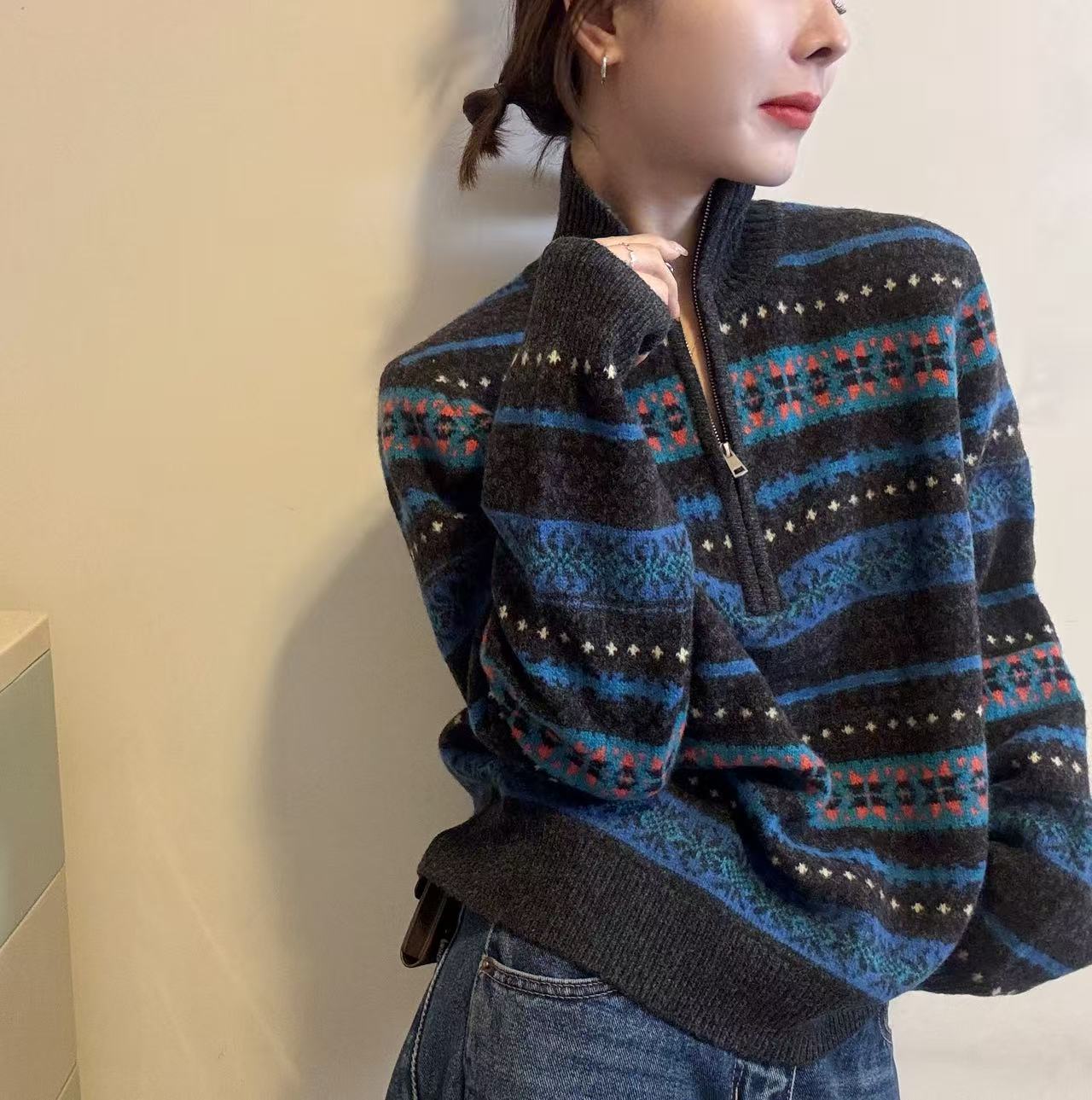 BADX正品复古民族风提花半拉链立领羊毛针织衫女冬季洋气百搭毛衣