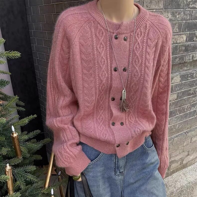 BADX正品高级感双排扣麻花毛衣外套女25冬季宽松显瘦百搭针织开衫,女装/女士精品,毛针织衫,淘宝优惠券,粉丝福利购,淘宝优惠卷