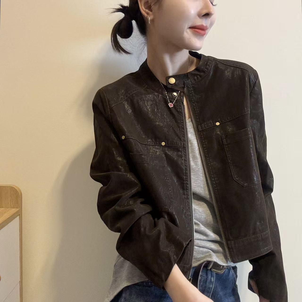 法式立领短款皮衣女小个子显瘦图片