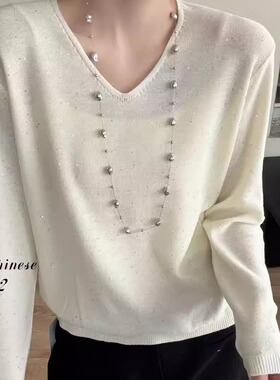 BADX正品2026春季亮片v领长袖针织衫女宽松气质高级感独特上衣潮