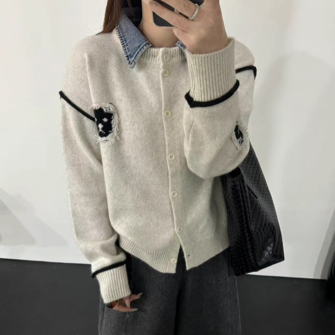 BADX正品韩系牛仔翻领拼接假两件毛衣女冬季宽松内搭针织开衫上衣