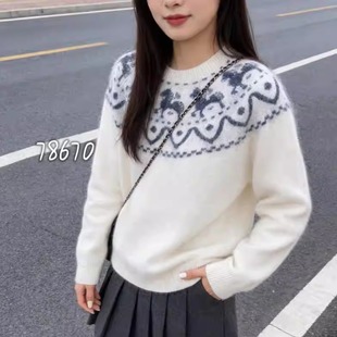 BADX正品韩系卡通提花圆领套头毛衣女冬季新款宽松设计感针织上衣