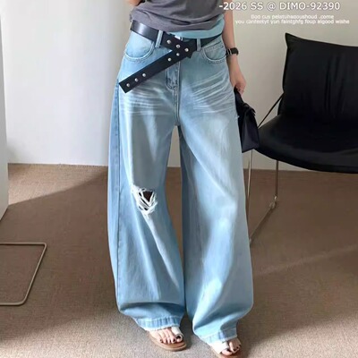 春季高腰破洞阔腿牛仔裤女显瘦