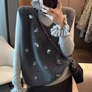 两件套 洋气显瘦木耳边打底衫 BADX正品 灰色亮片针织背心马甲女冬季