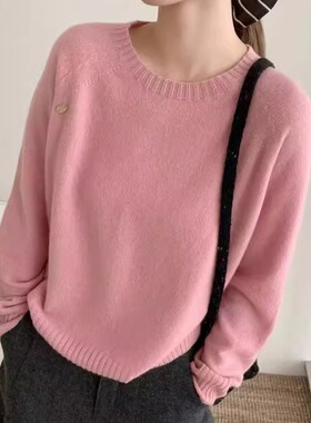 BADX正品纯色圆领无缝一体羊毛针织衫女秋季软糯宽松显瘦百搭毛衣