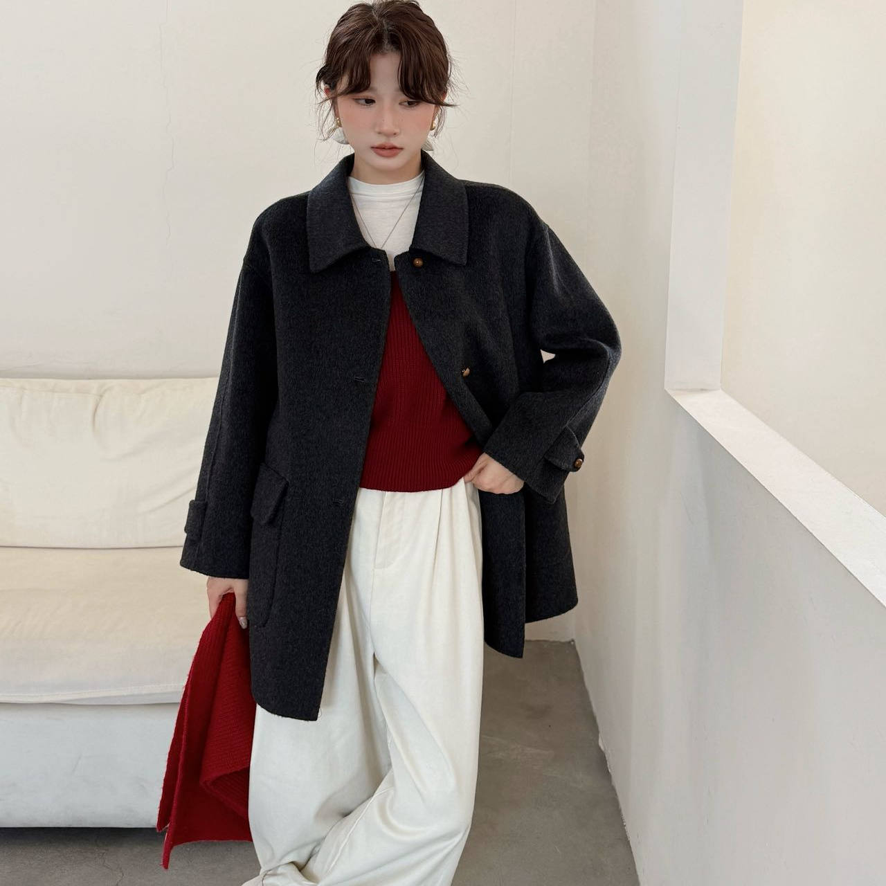 欧货高端双面羊绒大衣女短款宽松显瘦秋冬小个子方领羊毛呢子外套