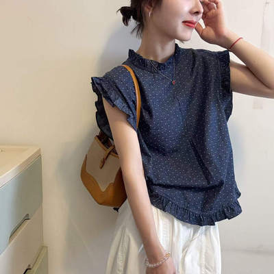 25夏季新款法式高级感木耳边设计显瘦波点薄款牛仔背心衬衣女上衣