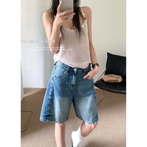 夏季高腰显瘦阔腿牛仔五分中裤女
