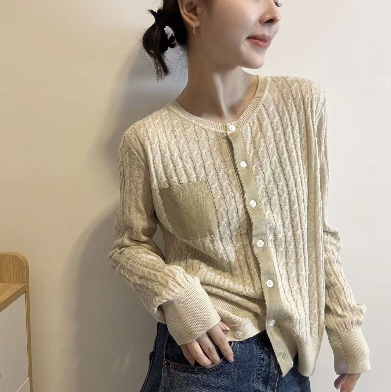 BADX正品长袖圆领单口袋麻花针织开衫女秋季时尚气质显瘦百搭上衣