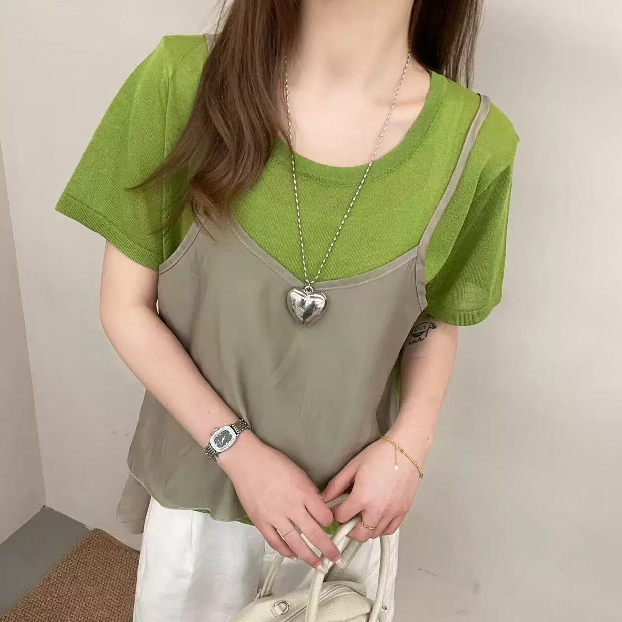 BADX正品设计感不规则假两件针织短袖T恤女夏季宽松显瘦别致上衣