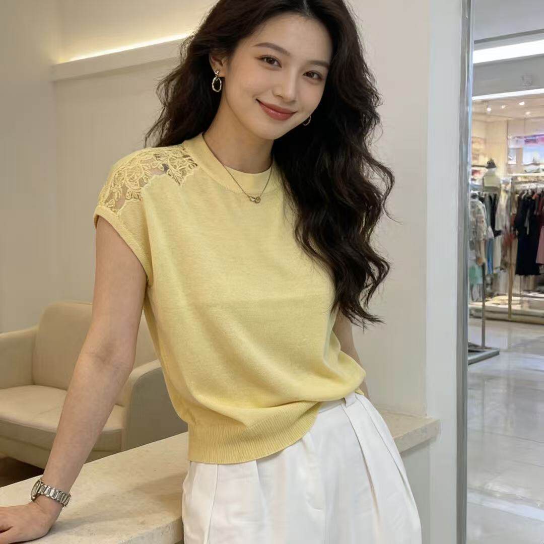 BADX正品纯色圆领短袖t恤女26夏季肩膀镂空气质显瘦百搭针织上衣