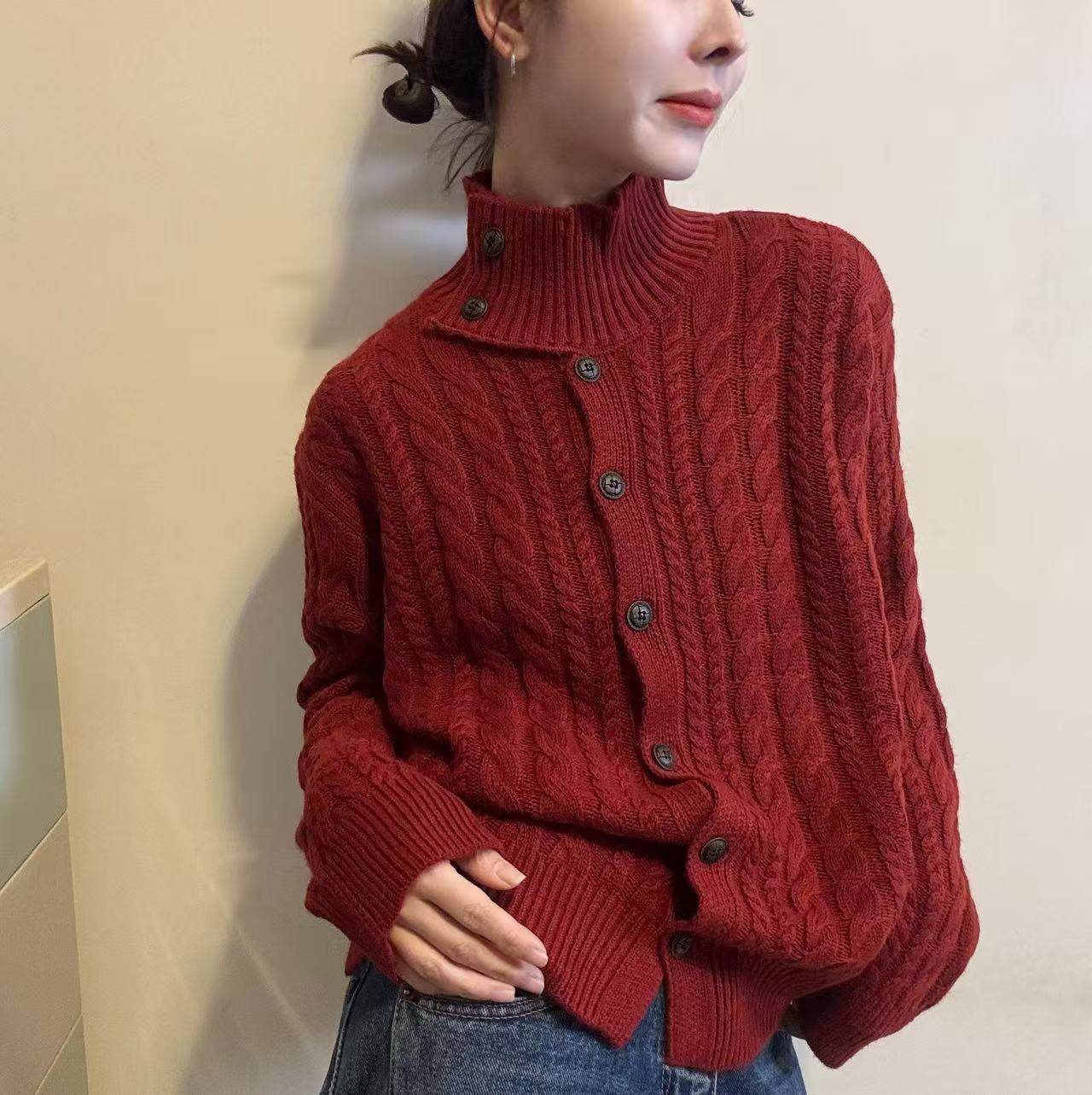 BADX正品高领麻花毛衣针织开衫女冬季宽松慵懒高级感复古外套上衣,女装/女士精品,毛针织衫,淘宝优惠券,粉丝福利购,淘宝优惠卷