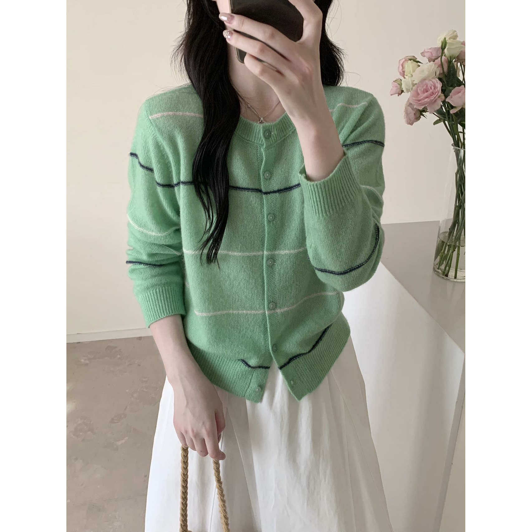 BADX正品韩版复古条纹撞色小羊驼绒针织开衫女26新款高级感毛外套,女装/女士精品,毛针织衫,淘宝优惠券,粉丝福利购,淘宝优惠卷