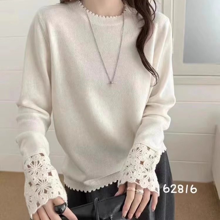 BADX正品袖口镂空钩花花边领针织衫女25冬季欧货女装时尚打底毛衣