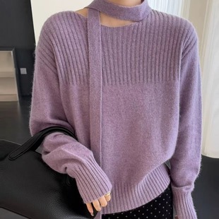 韩版 冬季 挂脖飘带长袖 女25新款 温柔气质减龄毛衣潮 针织衫 BADX正品