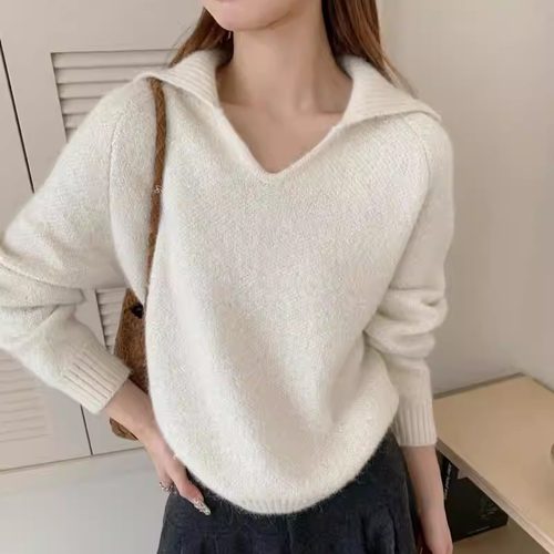 BADX正品时尚设计感剪刀翻领羊驼绒珠片针织衫女冬季宽松软糯毛衣