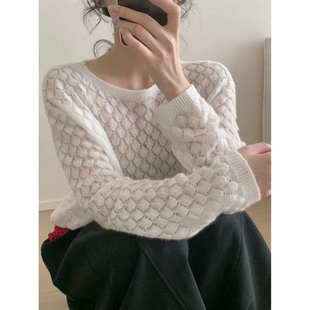 BADX正品超洋气镂空小羊驼绒针织衫冬季纯色圆领宽松慵懒风毛衣女