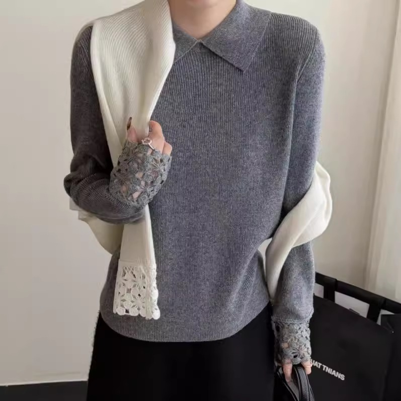 BADX正品冬季袖口钩花翻领纯色简约长袖针织衫女时尚高级感打底衫