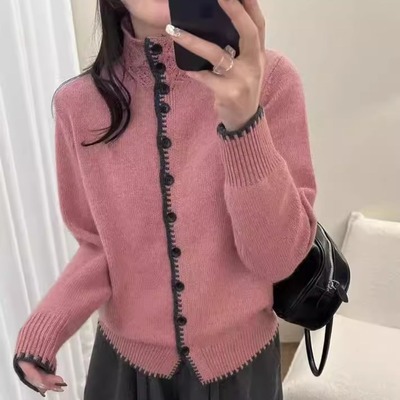 BADX正品拼色长袖半高领针织开衫女冬季新款洋气宽松百搭毛衣外套