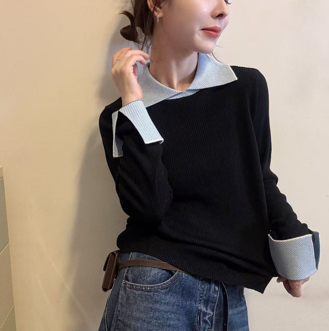 BADX正品撞色假两件翻领针织衫女25冬季宽松简约显瘦长袖套头毛衣