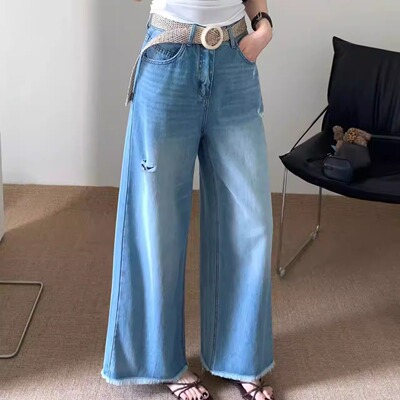 夏季高腰破洞阔腿显瘦牛仔裤女