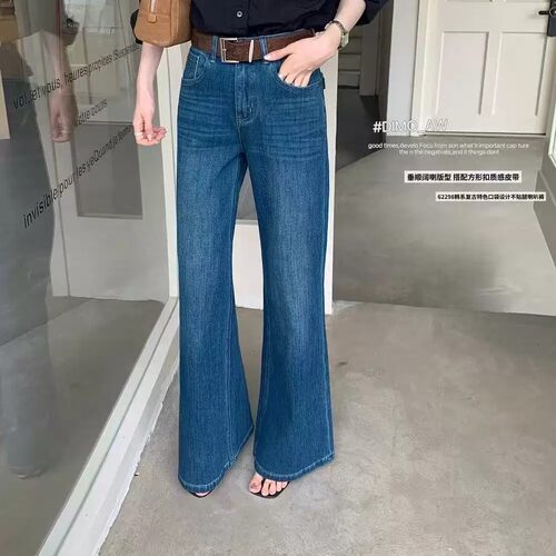 韩系高腰显瘦微喇牛仔裤女早秋