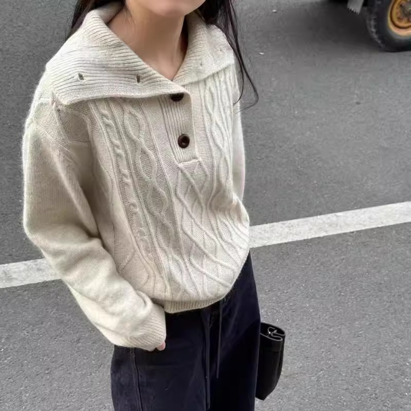 BADX正品韩系菱形麻花羊毛针织衫女2025冬季宽松显瘦翻领针织上衣