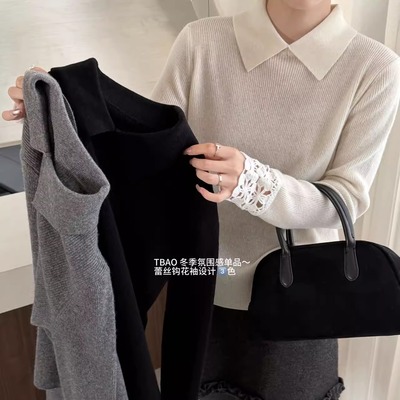 BADX正品韩系POLO领蕾丝钩花袖羊毛针织衫女冬季高级感打底衫上衣