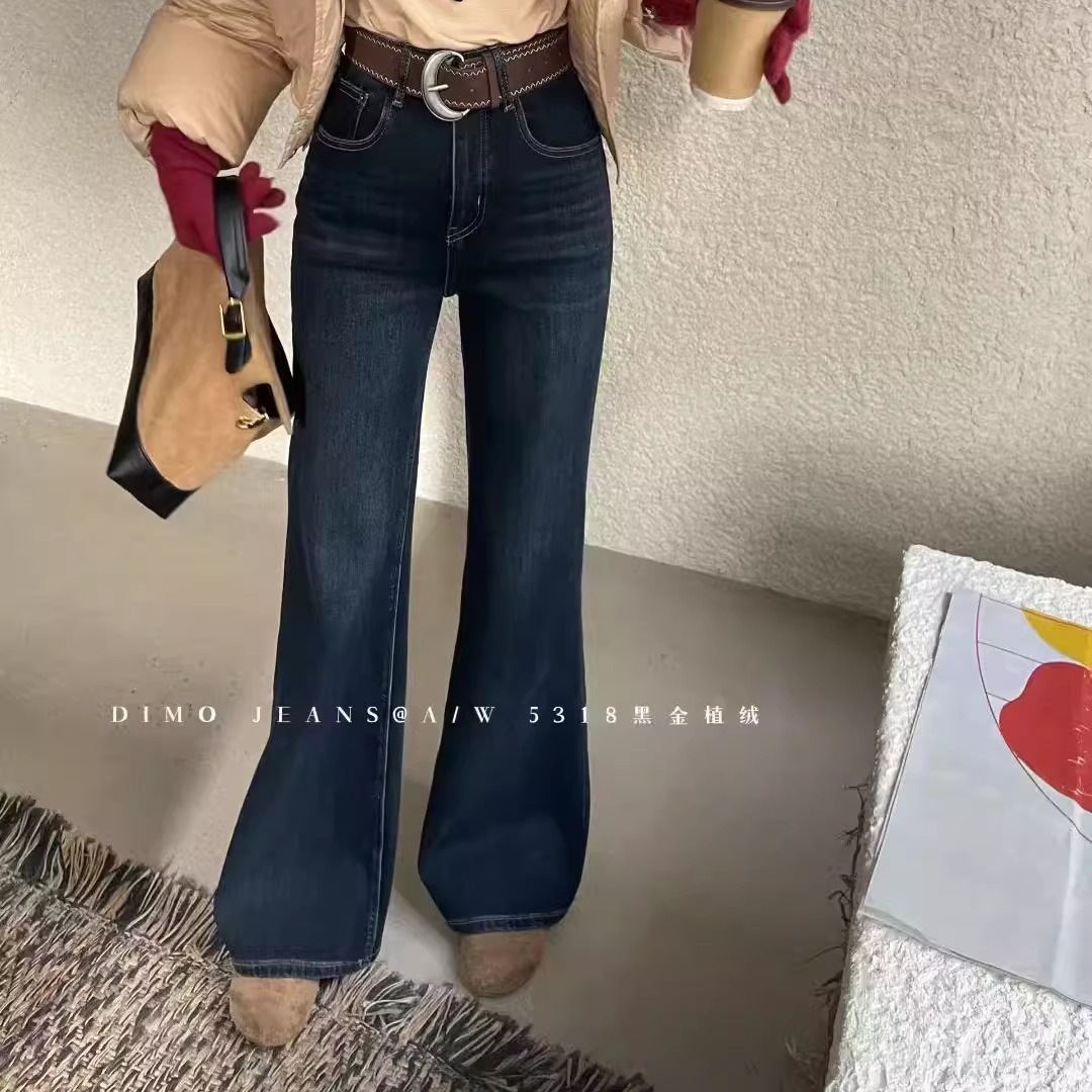 DIMO5318冬季新款韩版高腰显瘦弹力黑金色植绒微喇叭裤拖地牛仔裤