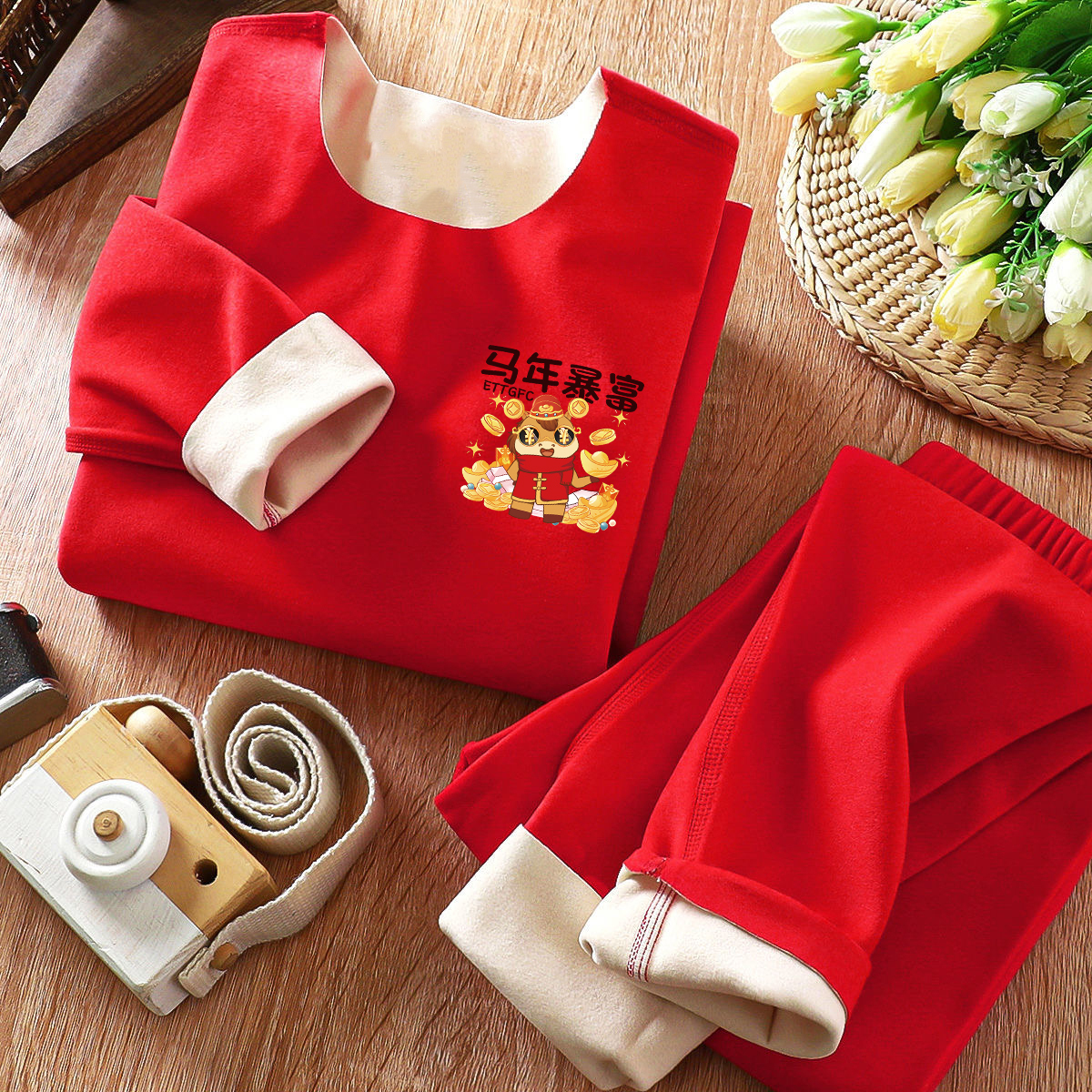 红色德绒发热男女童儿童装保暖内衣家居服套装宝宝秋衣秋裤中大童
