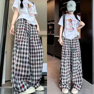 女童夏款直筒裤中大童黑白夏季阔腿防蚊垂感高腰宽松格子裤外穿